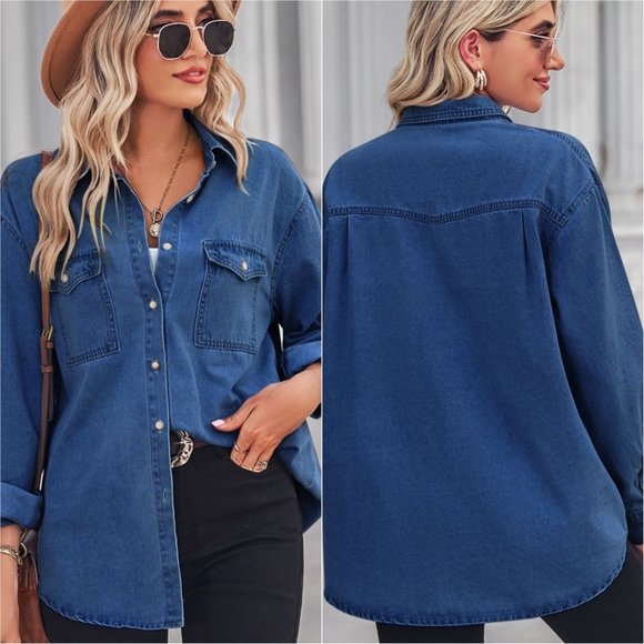 Collared Neck Dropped Shoulder Denim Top - Dark - Picture 2 of 7